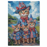 Patriotic Bengal Cat Mother and Three Kittens in Red White and Blue Outfits by a Lake with Floral Summer Backdrop on Ready to Hang 1.5" Thick Canvas Wrap, Floating Framed Canvas, Flat Rolled Canvas